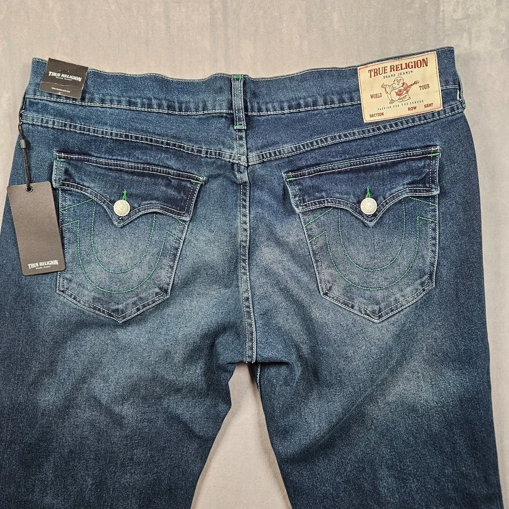 NEW True Religion Ricky Relaxed Straight Jeans Mens 38x34 Dark Wash Flap Pockets
